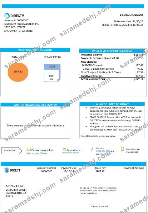 USA California Directv business utility bill template in Word and PDF formats, good for address prove